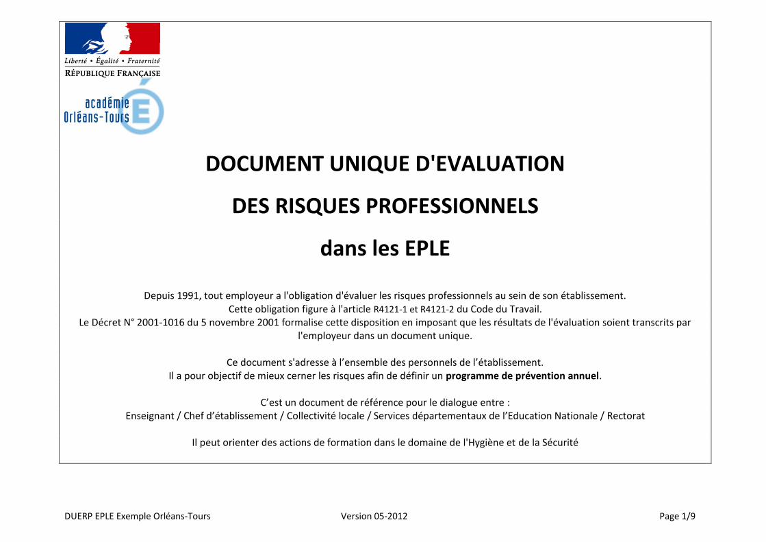 Pdf Document Unique D Evaluation Des Risques Duerp Eple Exemple