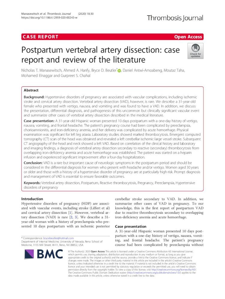 PDF Postpartum Vertebral Artery Dissection Case Report And Review Of CASE