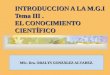 INTRODUCCION A LA M.G.I Tema III. EL CONOCIMIENTO CIENTÍFICO MSc. Dra. ODALYS GONZÁLEZ ALVAREZ