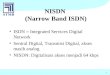 1 NISDN (Narrow Band ISDN) ISDN = Integrated Services Digital Network Sentral Digital, Transmisi Digital, akses masih analog NISDN: Digitalisasi akses