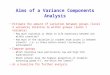 Aims of a Variance Components Analysis Estimate the amount of variation between groups (level 2 variance) relative to within groups (level 1 variance)