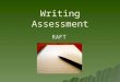 Writing Assessment RAFT. Objective Students will write a RAFT paper to show mastery of the concepts presented in previous lessons. Students will write