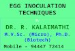 EGG INOCULATION TECHNIQUES By DR. R. KALAIMATHI M.V.Sc. (Micro), Ph.D. (Biotech) Mobile – 94447 72414