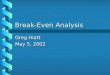 Break-Even Analysis Greg Hiatt May 5, 2002. Defined: Break-even analysis examines the cost tradeoffs associated with demand volume