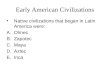 Early American Civilizations Native civilizations that began in Latin America were: A.Olmec B.Zapotec C.Maya D.Aztec E.Inca