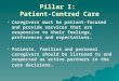 Pillar I: Patient-Centred Care  Caregivers must be patient-focused and provide services that are responsive to their feelings, preferences and expectations