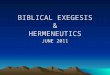 BIBLICAL EXEGESIS & HERMENEUTICS JUNE 2011. Key Terms Exegesis—process by which the (original) meaning/sense of text is established. Hermeneutics—the