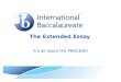 The Extended Essay It’s all about the PROCESS!. © International Baccalaureate Organization 2009 Workshop Goals TODAY Understand the Extended Essay  Scholarly