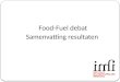 Food-Fuel debat Samenvatting resultaten. Food - Fuel, concurrentie of synergie?  Leidt het gebruik van biomassa voor biofuels tot aantasting van de voedselvoorziening?