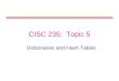 CISC 235: Topic 5 Dictionaries and Hash Tables. CISC 235 Topic 52 Outline Dictionaries â€“Dictionaries as Partial Functions Unordered Dictionaries â€“Implemented