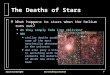 Susan CartwrightOur Evolving Universe1 The Deaths of Stars n What happens to stars when the helium runs out? l l do they simply fade into oblivion? l l