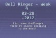 Bell Ringer – Week 9 03-28 -2012 List some challenges faced by slaves escaping to the North