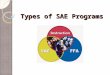 Types of SAE Programs. Interest Approach Ask the students to identify the different types of SAE programs. List these on the board. Use proficiency award