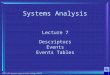 1 BTEC HNC Systems Support Castle College 2007/8 Systems Analysis Lecture 7 Descriptors Events Events Tables