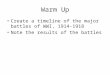 Warm Up Create a timeline of the major battles of WWI, 1914-1918 Note the results of the battles