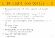 1 L 30 Light and Optics - 2 Measurements of the speed of light (c) Index of refraction v medium = c/n –the bending of light – refraction –total internal