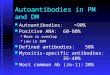 Autoantibodies in PM and DM Autoantibodies:>90% Autoantibodies:>90% Positive ANA:60-80% Positive ANA:60-80%  More in overlap  Low in IBM Defined antibodies:50%