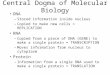 Central Dogma of Molecular Biology DNA –Stored information inside nucleus –Copied to make new cells = REPLICATION RNA –Copied from a piece of DNA (GENE)