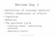 Review Day 1 Definition of consumer behavior Affect (dimensions of affect) Cognition Behavior The purchase cycle – Creating needs, identifying problems