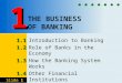 Slide 1 THE BUSINESS OF BANKING 1.1 1.1 Introduction to Banking 1.2 1.2 Role of Banks in the Economy 1.3 1.3 How the Banking System Works 1.4 1.4 Other