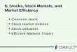 8. Stocks, Stock Markets, and Market Efficiency Common stock Stock market indexes Stock valuation Efficient Markets Theory Common stock Stock market indexes