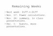 Remaining Weeks Next week: Diff-n-Diff Nov. 17: Power calculations. Nov. 24: summary, in class presentations. Dec. 1: Guests, more presentations