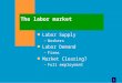 1 The labor market n Labor Supply –Workers n Labor Demand –Firms n Market Clearing? –Full employment