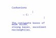 Carbanions | — C: – | The conjugate bases of weak acids, strong bases, excellent nucleophiles