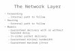 The Network Layer Forwarding –Internal path to follow Routing –External path to follow Models –Guaranteed delivery with or without bounded delay –In-order