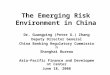 The Emerging Risk Environment in China Dr. Guangping (Peter G.) Zhang Deputy Director General China Banking Regulatory Commission Shanghai Bureau Asia-Pacific