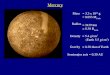 Mercury = 5.4 g/cm 3 (Earth 5.5 g/cm 3 ) = 0.38 that of Earth Mass Radius Density Gravity = 3.3 x 10 26 g = 0.055 M Earth  = 2439 km = 0.38 R Earth Semimajor