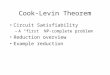Cook-Levin Theorem Circuit Satisfiability –A “first” NP-complete problem Reduction overview Example reduction