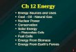 Ch 12 Energy Energy Sources and Uses Coal - Oil - Natural Gas Nuclear Power Conservation Solar Energy –Photovoltaic Cells Fuel Cells Energy From Biomass