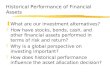 Historical Performance of Financial Assets zWhat are our investment alternatives? zHow have stocks, bonds, cash, and other financial assets performed in