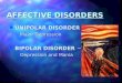 AFFECTIVE DISORDERS n UNIPOLAR DISORDER ~ –Major Depression n BIPOLAR DISORDER ~ –Depression and Mania