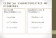 CLINICAL CHARACTERISTICS OF DISORDERS Clinical Characteristics â€“ Anxiety â€“ Affective â€“ Psychotic Explanations & Treatments â€“ Biological â€“ Behavioural