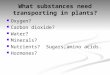 What substances need transporting in plants? Oxygen? Carbon dioxide? Water? Minerals? Nutrients? Sugars,amino acids. Hormones?