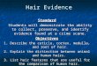 Hair Evidence Standard Students will demonstrate the ability to collect, preserve, and identify evidence found at a crime scene. Objectives 1. Describe