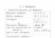 1.1 Numbers Classifications of Numbers Natural numbers{1,2,3,…} Whole numbers{0,1,2,3,…} Integers{…-2,-1,0,1,2,…} Rational numbers – can be expressed as