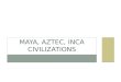 MAYA, AZTEC, INCA CIVILIZATIONS. THE MAYANS Civilization begins around 2000 BCE, but Classical Period of civilization is 250 – 900 CE Located in the Yucatan