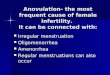 Anovulation- the most frequent cause of female infertility. It can be connected with: Irregular menstruation Irregular menstruation Oligomenorrhea Oligomenorrhea