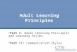 Adult Learning Principles  Part I: Adult Learning Principles and Learning Styles  Part II: Communication Styles