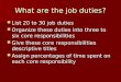 What are the job duties? List 20 to 30 job duties List 20 to 30 job duties Organize these duties into three to six core responsibilities Organize these