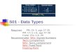 S01 - Data Types Required:PM: Ch 3, pgs 27-35 PM: Ch 5.1-6, pgs 47-56 Code: Chs 1-9, 20 Recommended:Wiki: Signed Numbers Two's Complement Wiki: Two's_complement