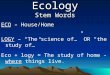 Ecology Stem Words ECO – House/Home LOGY – “The science of…” OR “the study of…” Eco + logy = The study of home - where things live