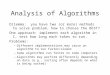 Analysis of Algorithms Dilemma: you have two (or more) methods to solve problem, how to choose the BEST? One approach: implement each algorithm in C, test