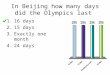 In Beijing how many days did the Olympics last 1.16 days 2.15 days 3.Exactly one month 4.24 days