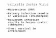 Varicella Zoster Virus Herpesvirus (DNA) Primary infection results in varicella (chickenpox) Recurrent infection results in herpes zoster (shingles) Short