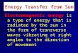 Energy Transfer from Sun Electromagnetic energy is a type of energy that is radiated by the sun in the form of transverse waves vibrating at right angles