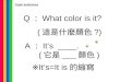 Q ︰ What color is it? ( 這是什麼顏色 ?) A ︰ It’s ____. ( 它是 ___ 顏色 ) ※ It’s=It is 的縮寫 Topic sentences